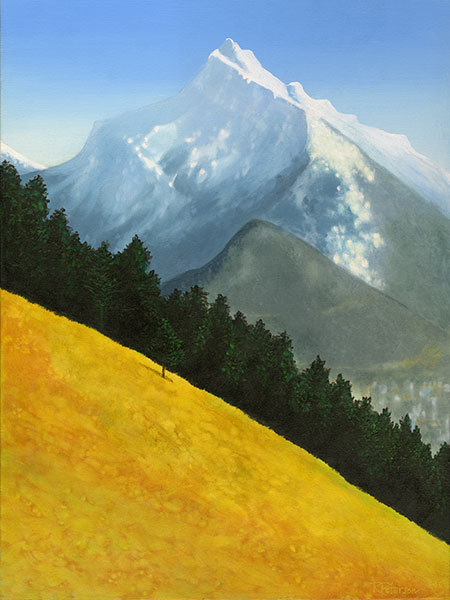 Painting of a golden meadow overlooking Cascade Mountain in Banff, Alberta Canada